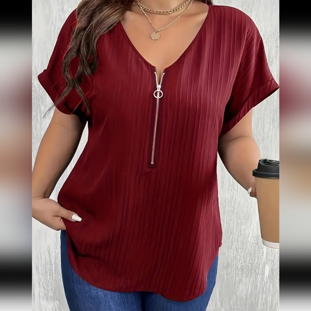 Plus Size Casual T-shirt, Women's Plus Plain Zipper Roll Up Sleeve Size 14
